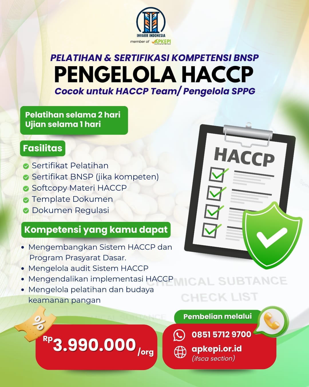 PELATIHAN & SERTIFIKASI KOMPETENSI BNSP "PENGELOLAAN HACCP" Cocok untuk HACCP Team / Pengelola SPPG